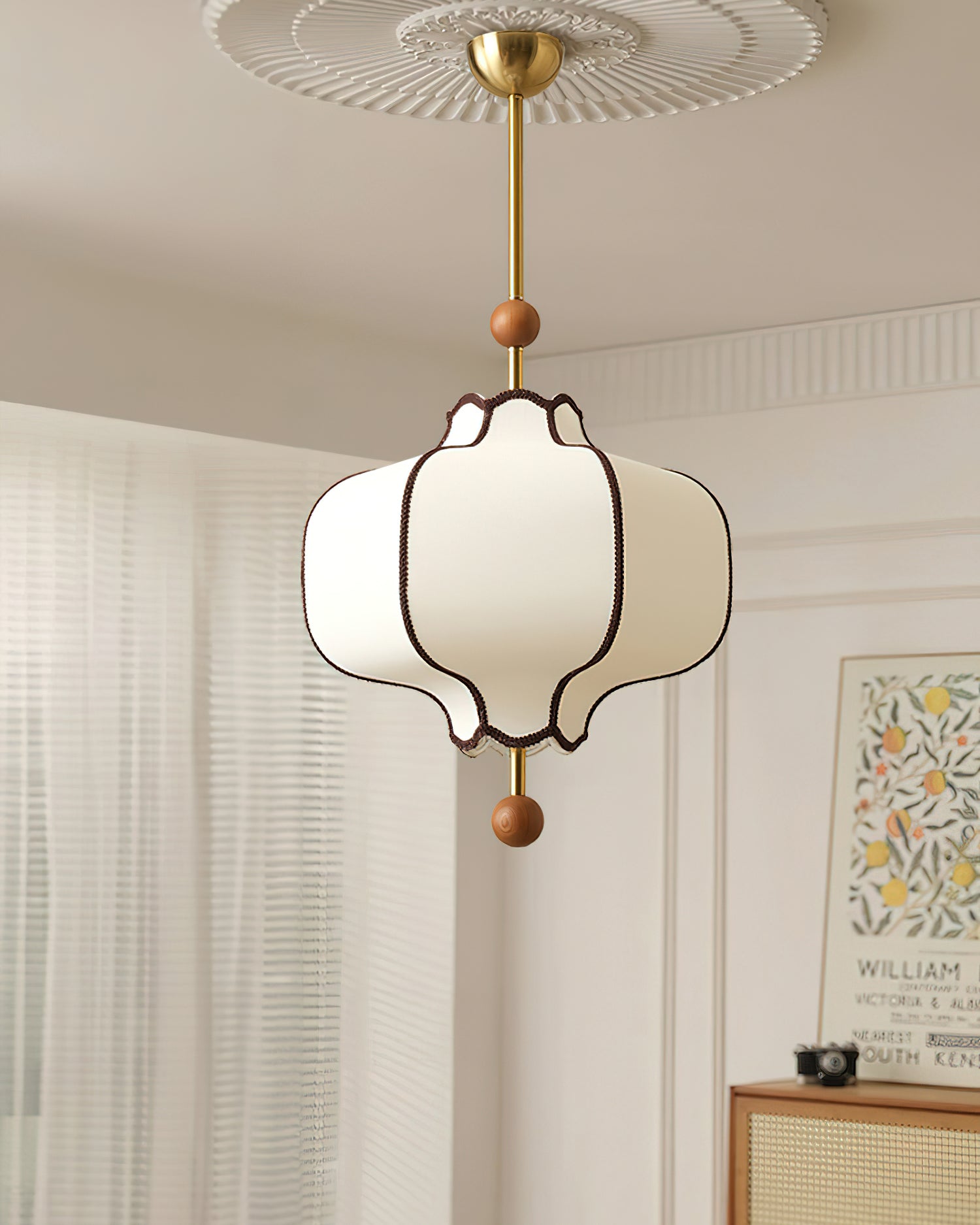 Pendant Lamp Modern Lantern Fabric Shade with Wood Accents
