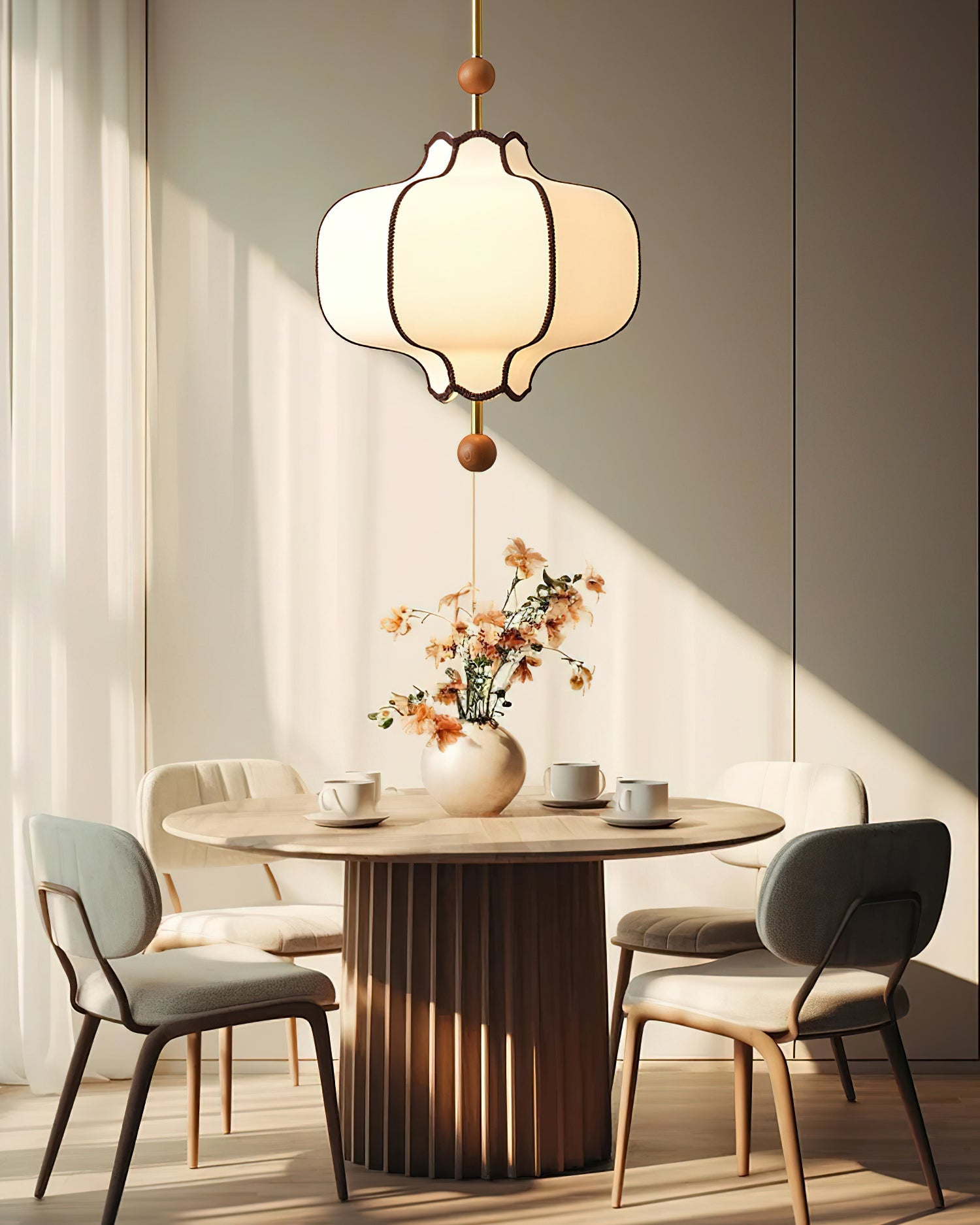 Pendant Lamp Modern Lantern Fabric Shade with Wood Accents