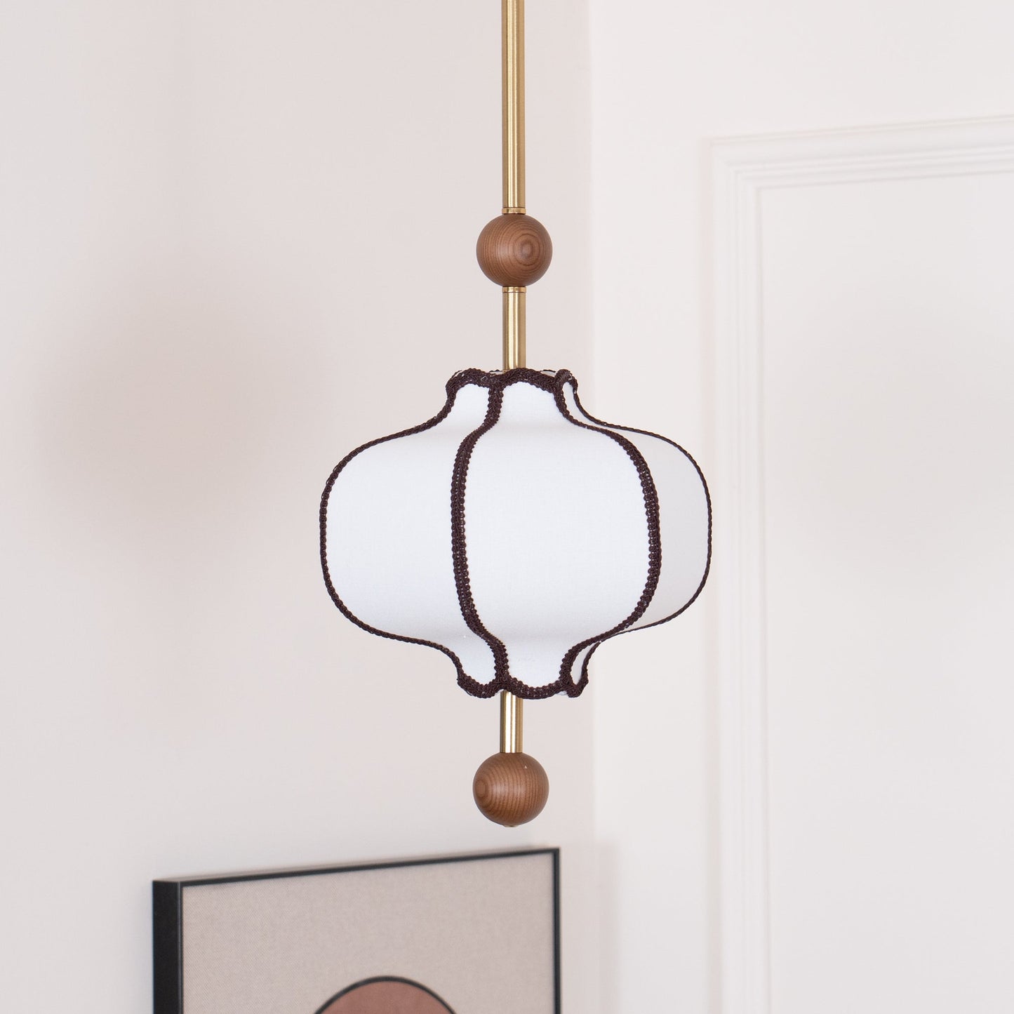 Pendant Lamp Modern Lantern Fabric Shade with Wood Accents