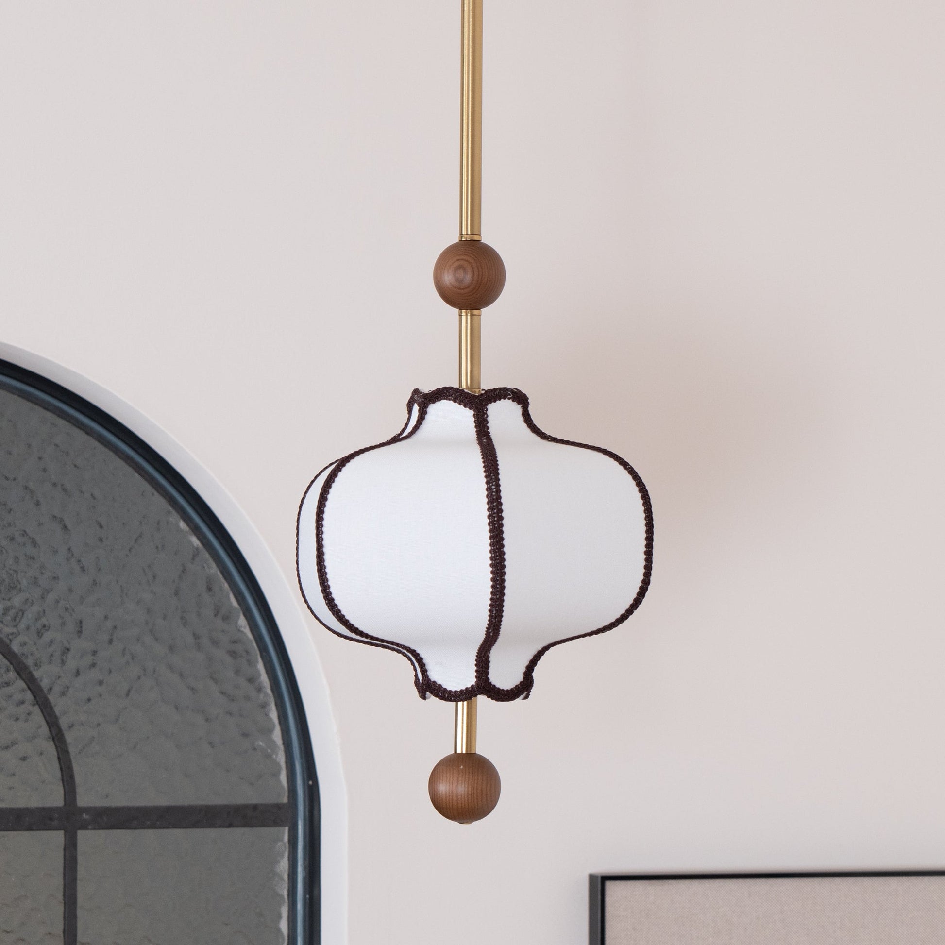 Pendant Lamp Modern Lantern Fabric Shade with Wood Accents
