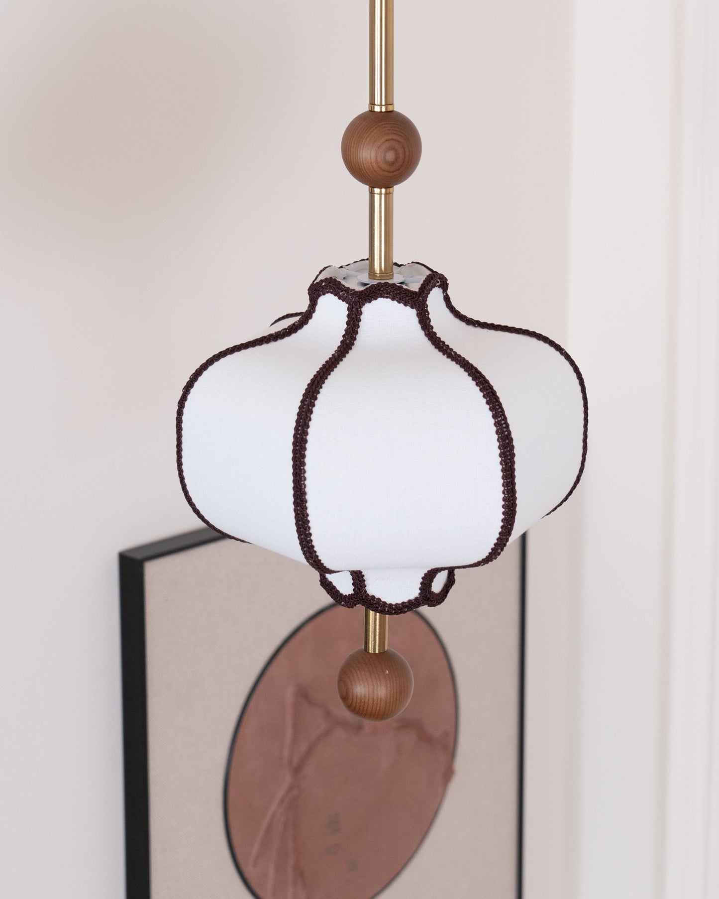Pendant Lamp Modern Lantern Fabric Shade with Wood Accents