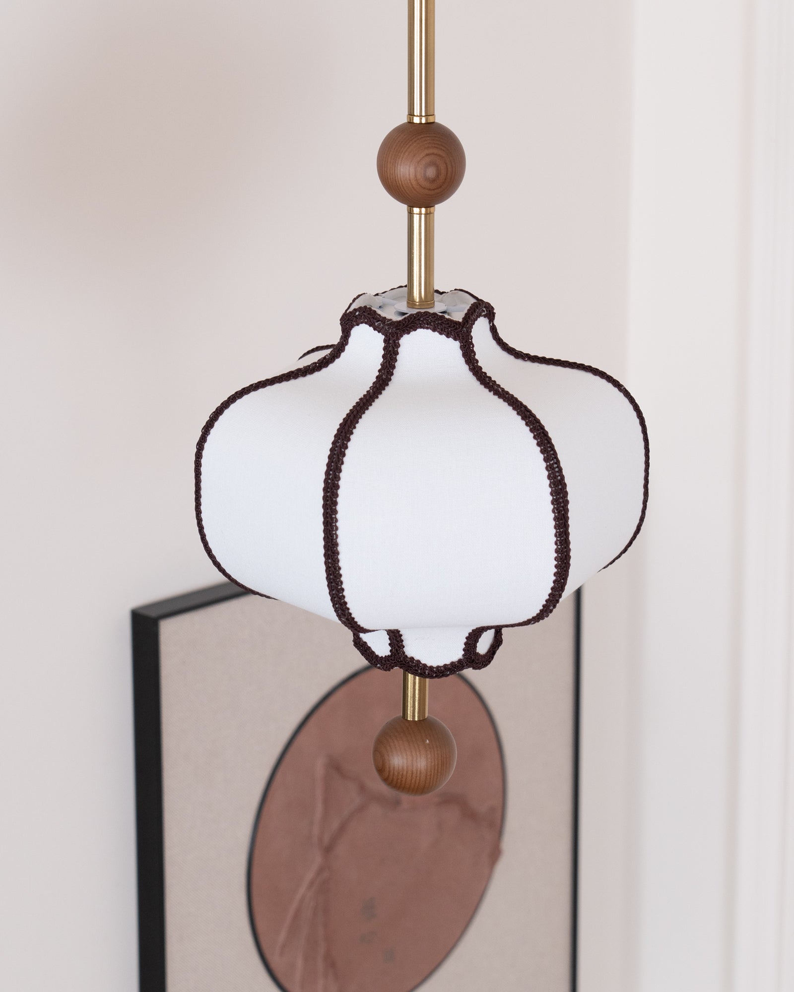 Pendant Lamp Modern Lantern Fabric Shade with Wood Accents