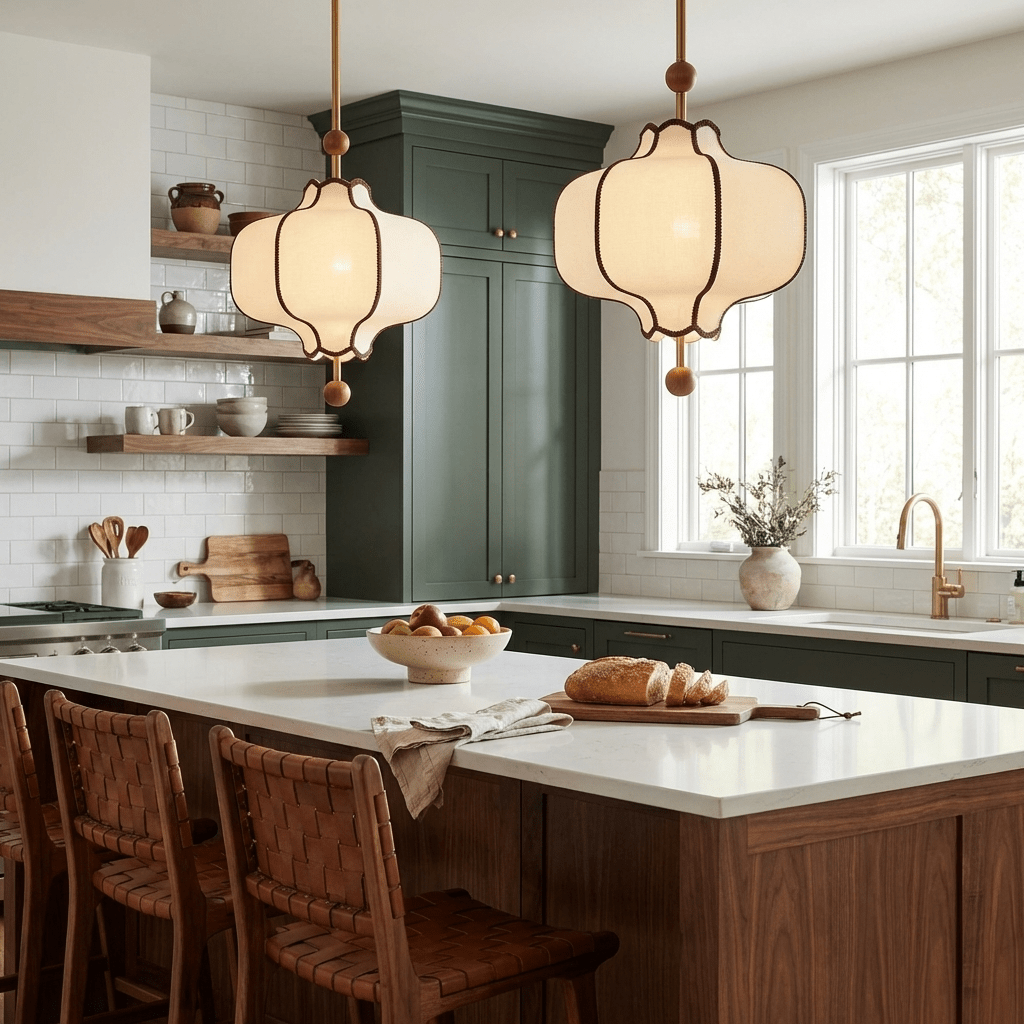 Pendant Lamp Modern Lantern Fabric Shade with Wood Accents