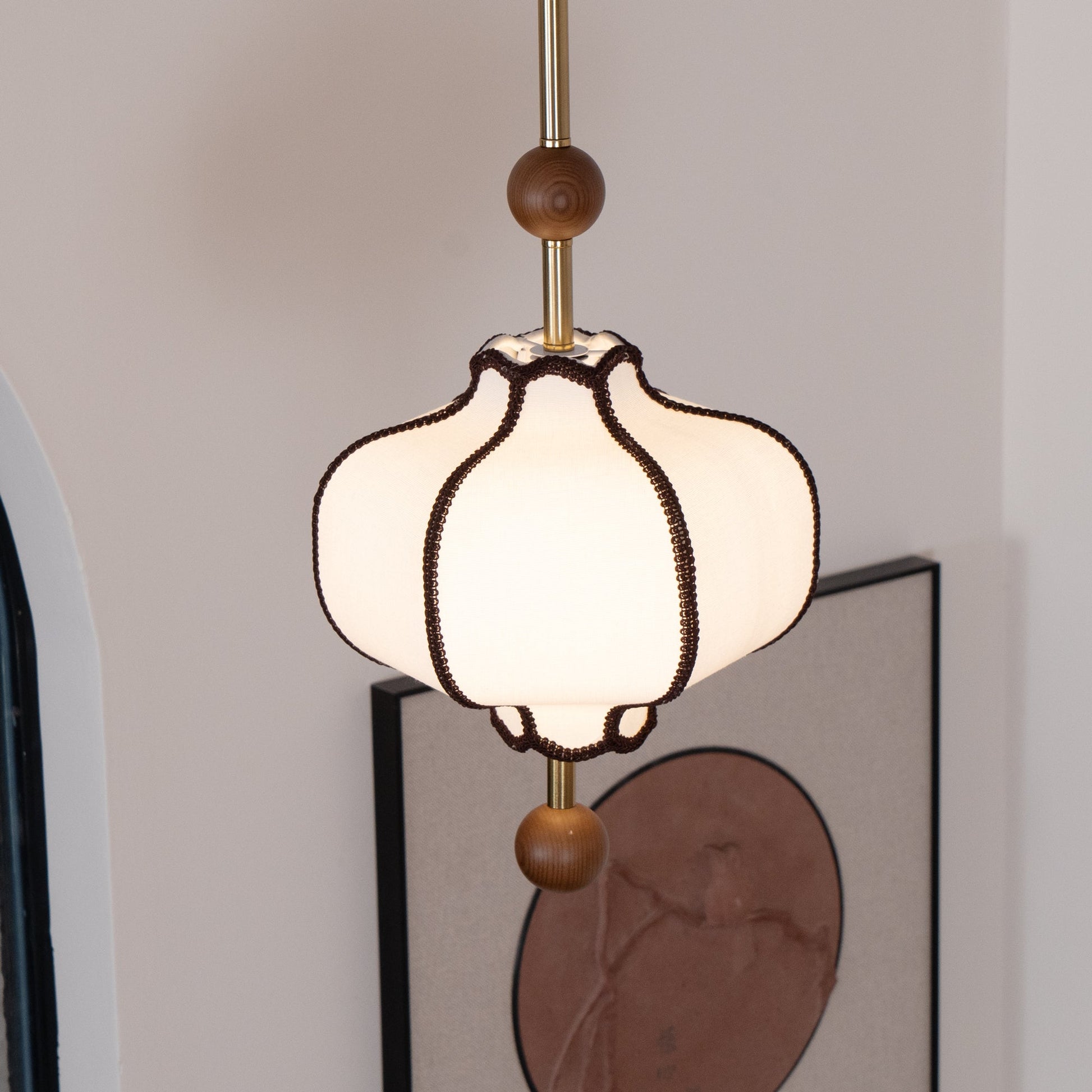 Pendant Lamp Modern Lantern Fabric Shade with Wood Accents