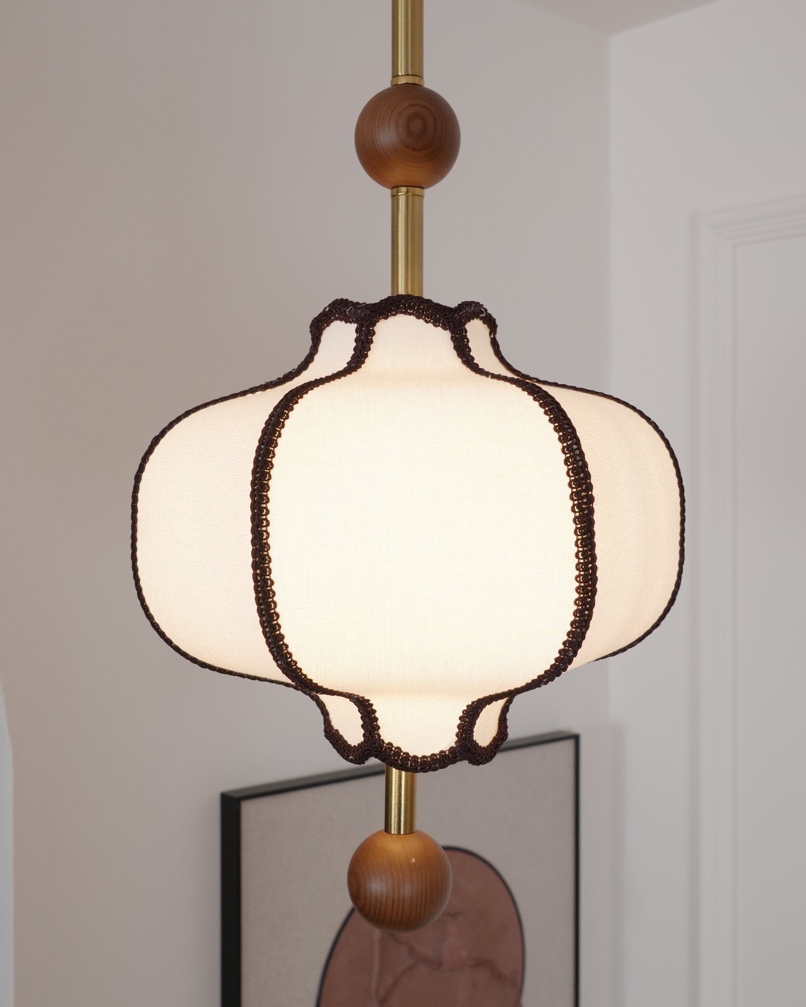 Pendant Lamp Modern Lantern Fabric Shade with Wood Accents