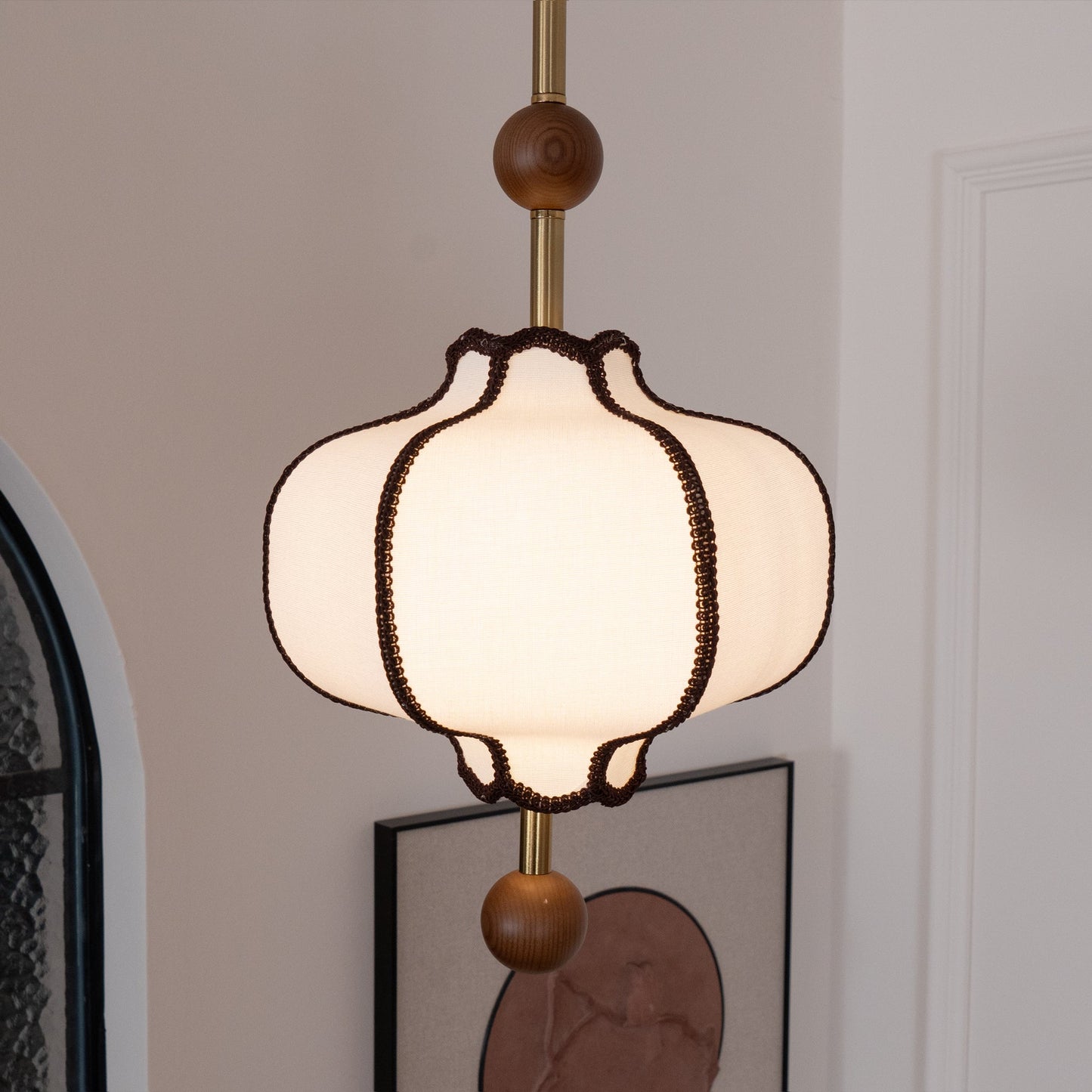 Pendant Lamp Modern Lantern Fabric Shade with Wood Accents
