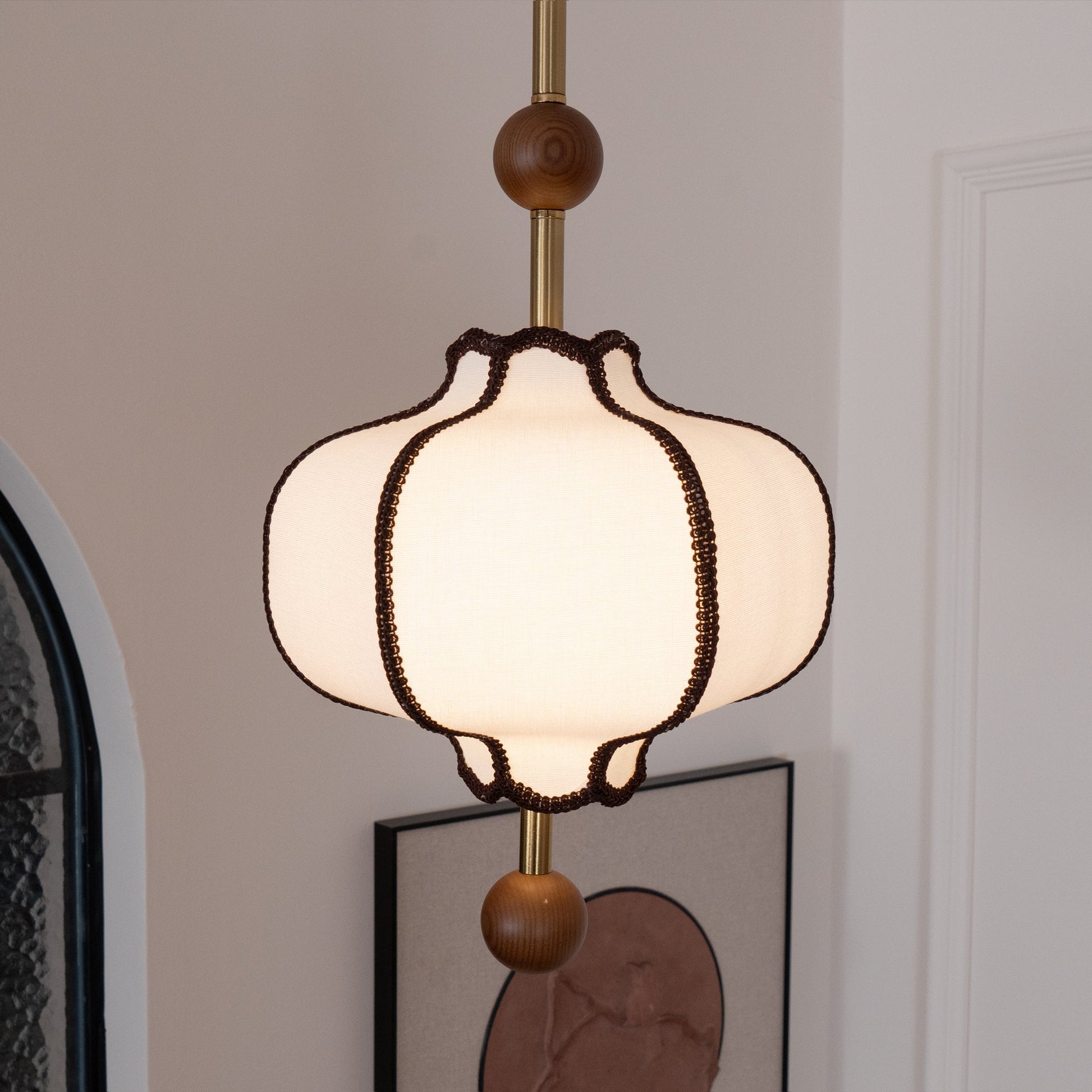 Pendant Lamp Modern Lantern Fabric Shade with Wood Accents