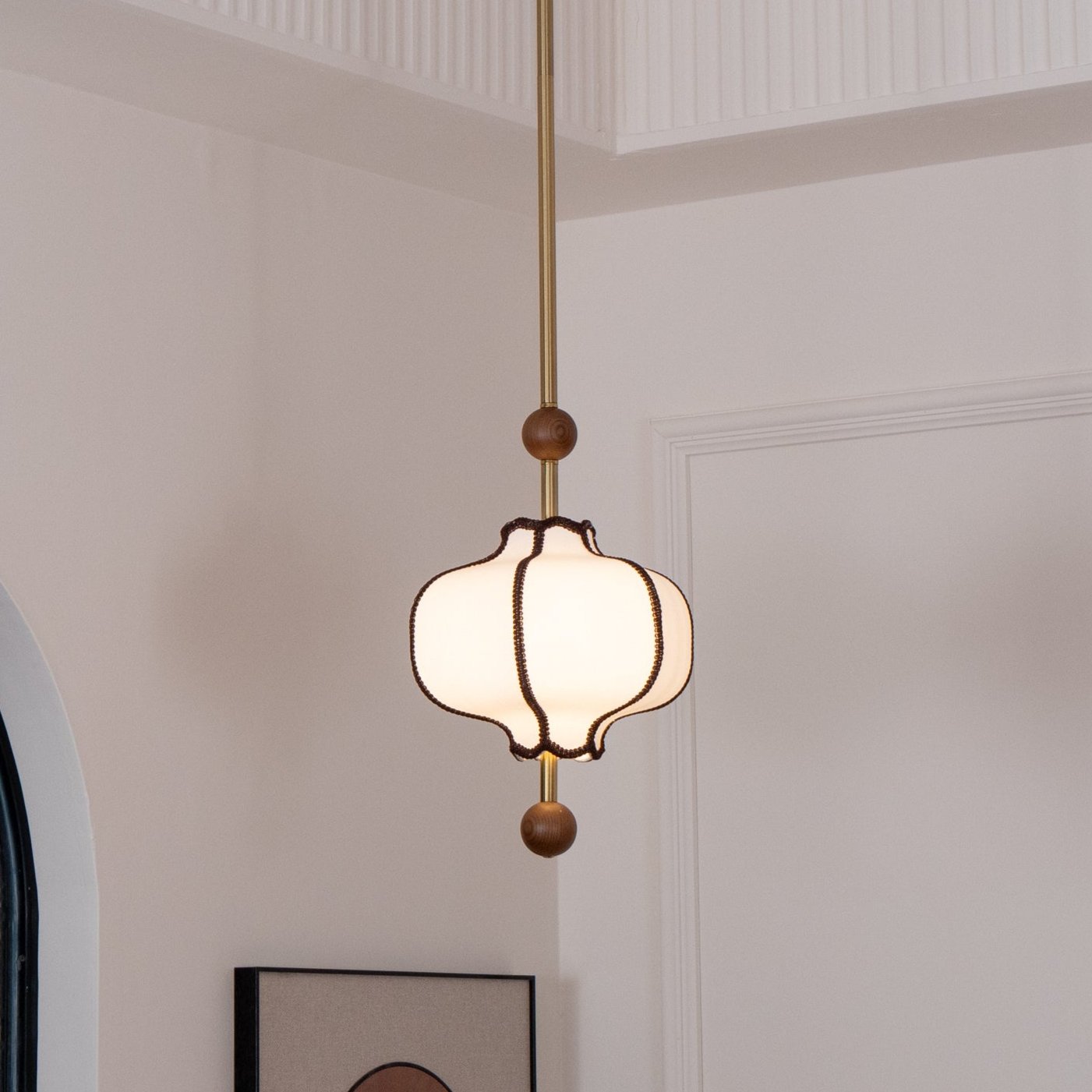 Pendant Lamp Modern Lantern Fabric Shade with Wood Accents