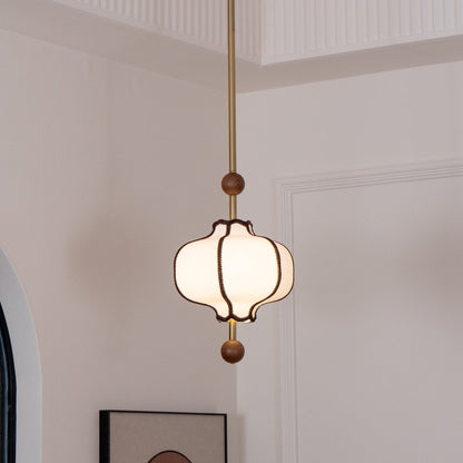 Pendant Lamp Modern Lantern Fabric Shade with Wood Accents