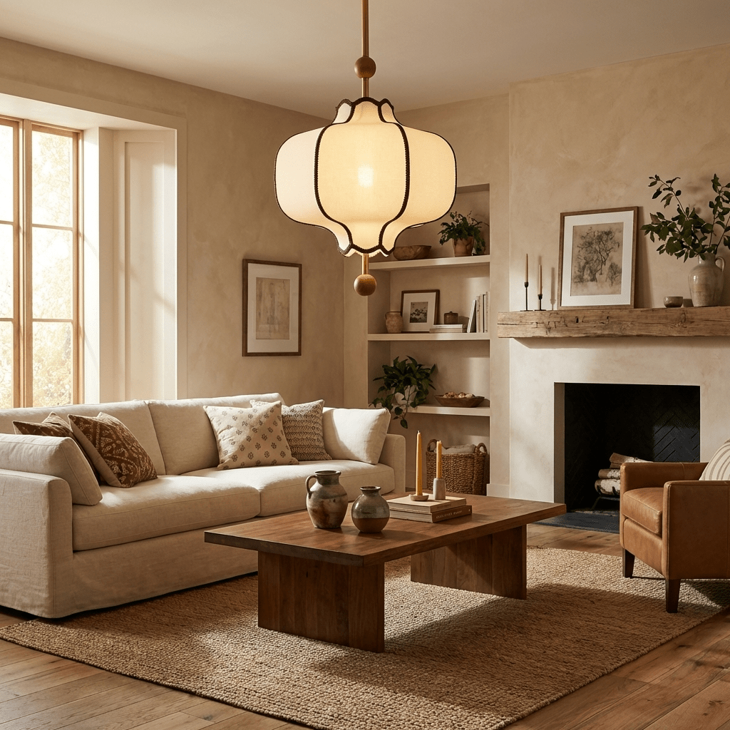 Pendant Lamp Modern Lantern Fabric Shade with Wood Accents