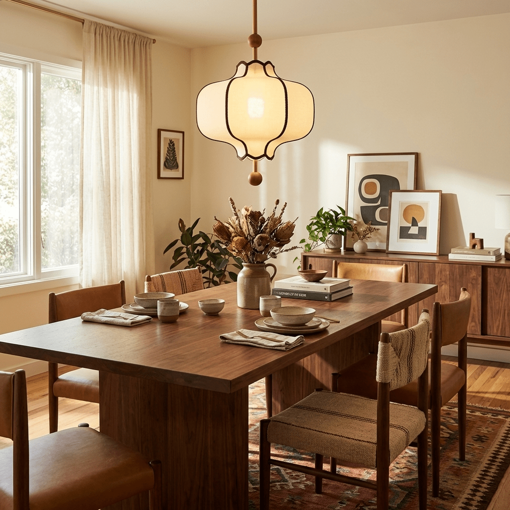 Pendant Lamp Modern Lantern Fabric Shade with Wood Accents