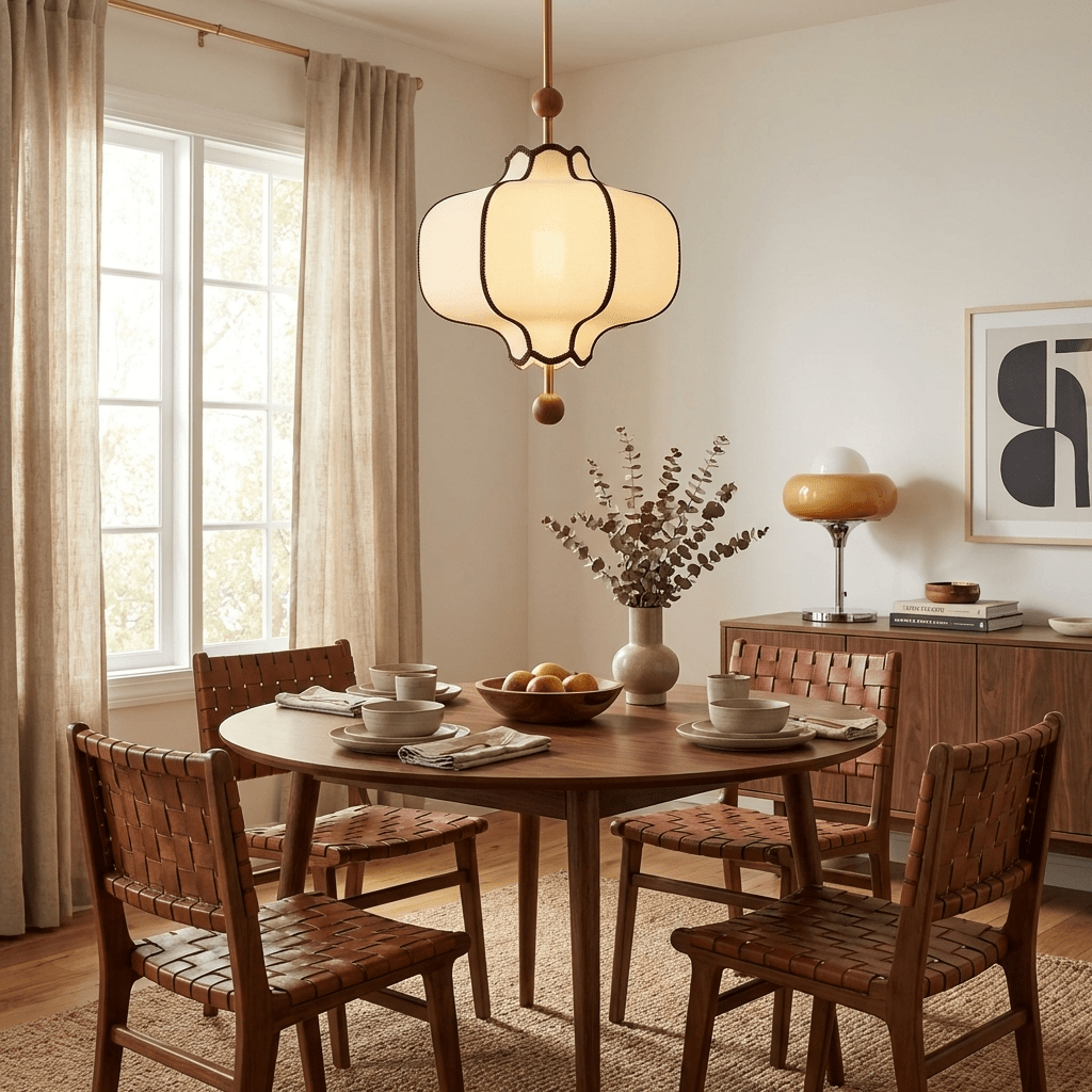 Pendant Lamp Modern Lantern Fabric Shade with Wood Accents