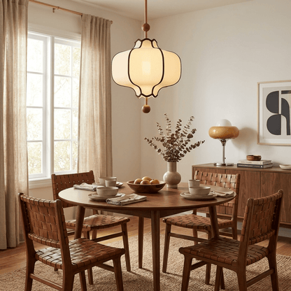 Pendant Lamp Modern Lantern Fabric Shade with Wood Accents