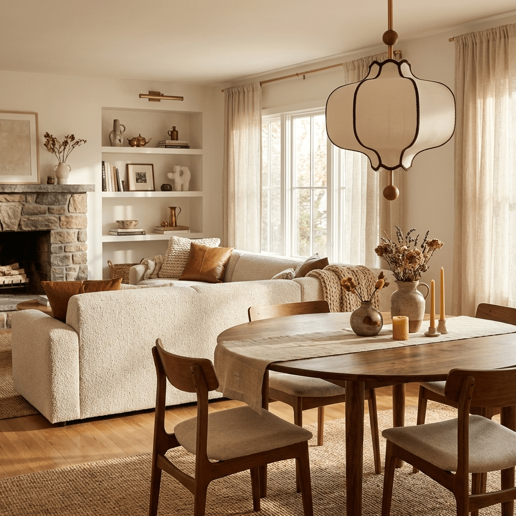 Pendant Lamp Modern Lantern Fabric Shade with Wood Accents