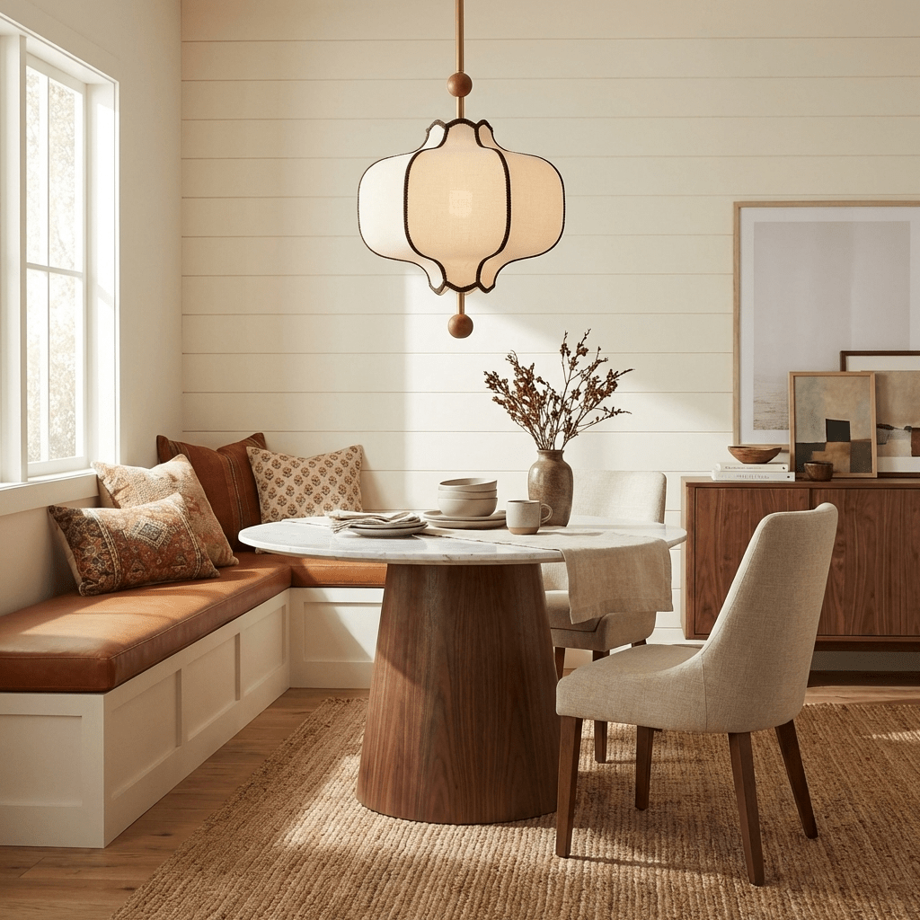 Pendant Lamp Modern Lantern Fabric Shade with Wood Accents