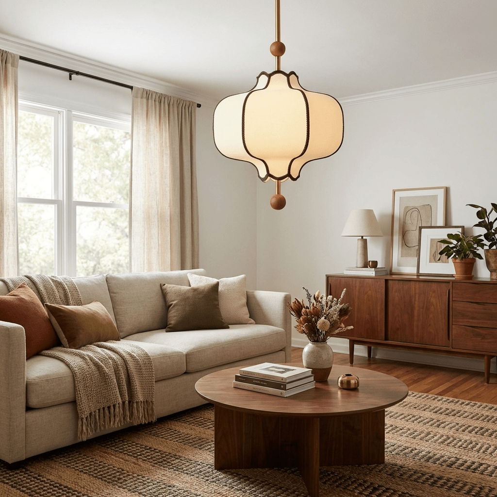 Pendant Lamp Modern Lantern Fabric Shade with Wood Accents