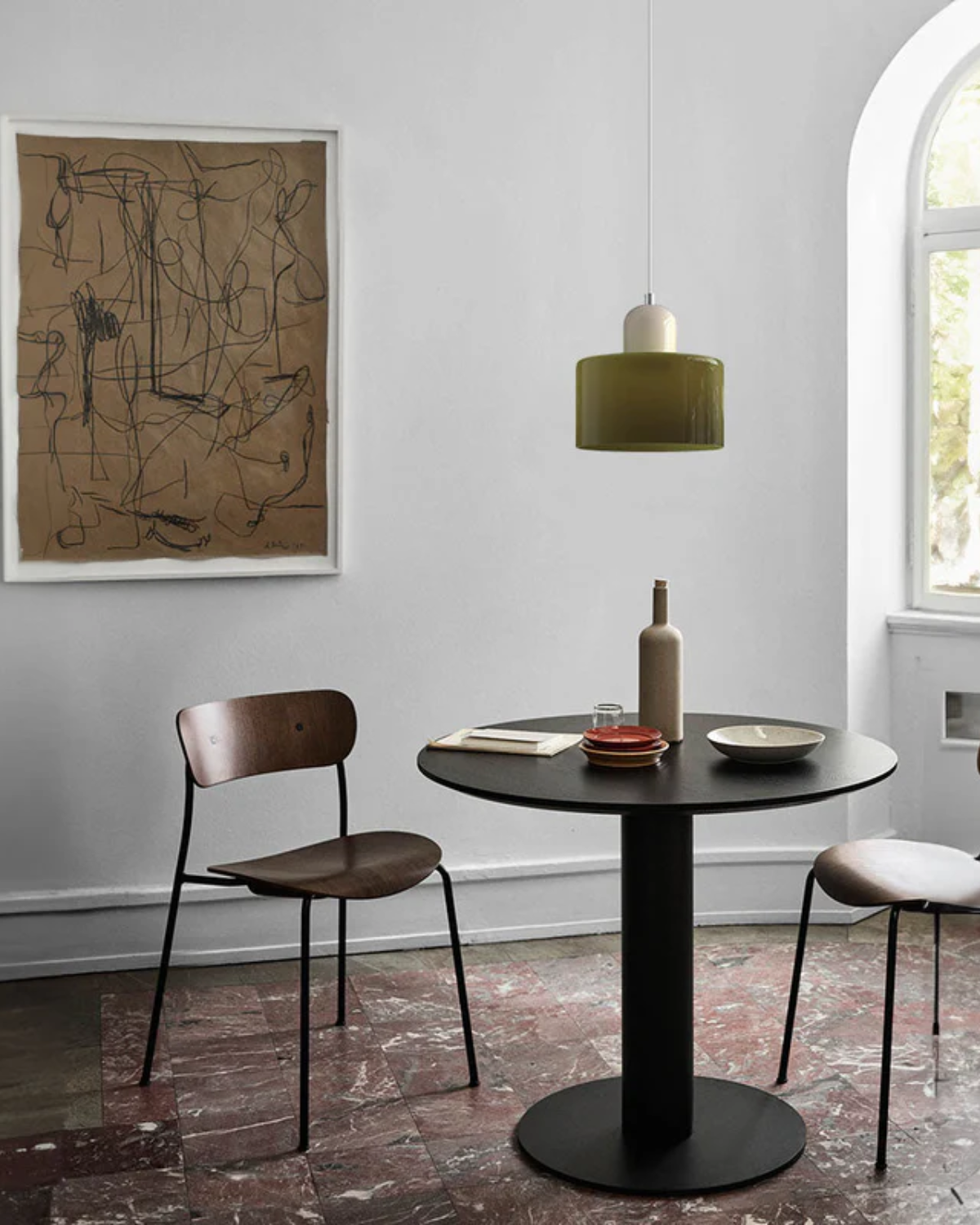 Pendant Lamp Retro with Drum Glass Shade and Glossy Cap