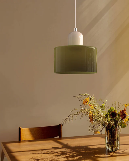 Pendant Lamp Retro with Drum Glass Shade and Glossy Cap