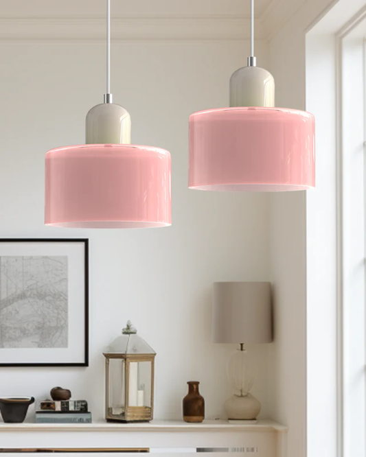 Pendant Lamp Retro with Drum Glass Shade and Glossy Cap