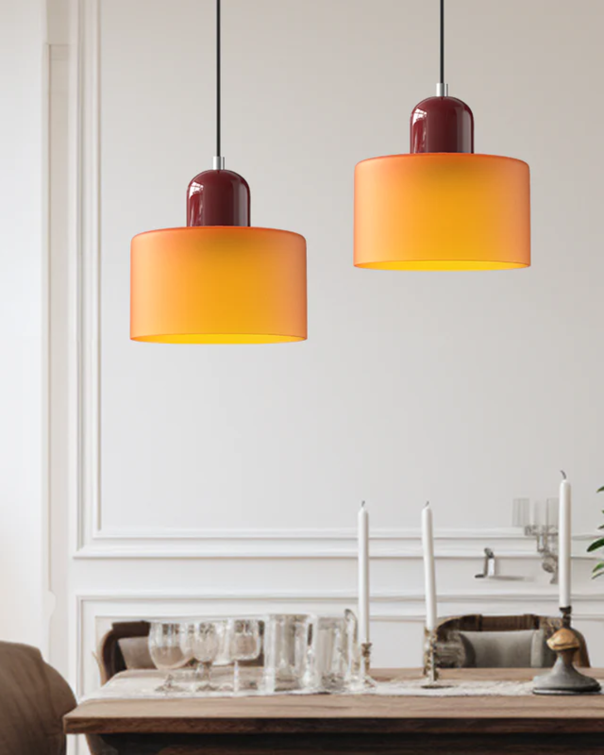Pendant Lamp Retro with Drum Glass Shade and Glossy Cap