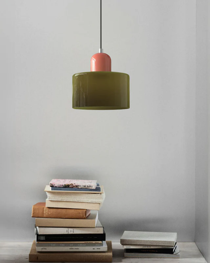 Pendant Lamp Retro with Drum Glass Shade and Glossy Cap