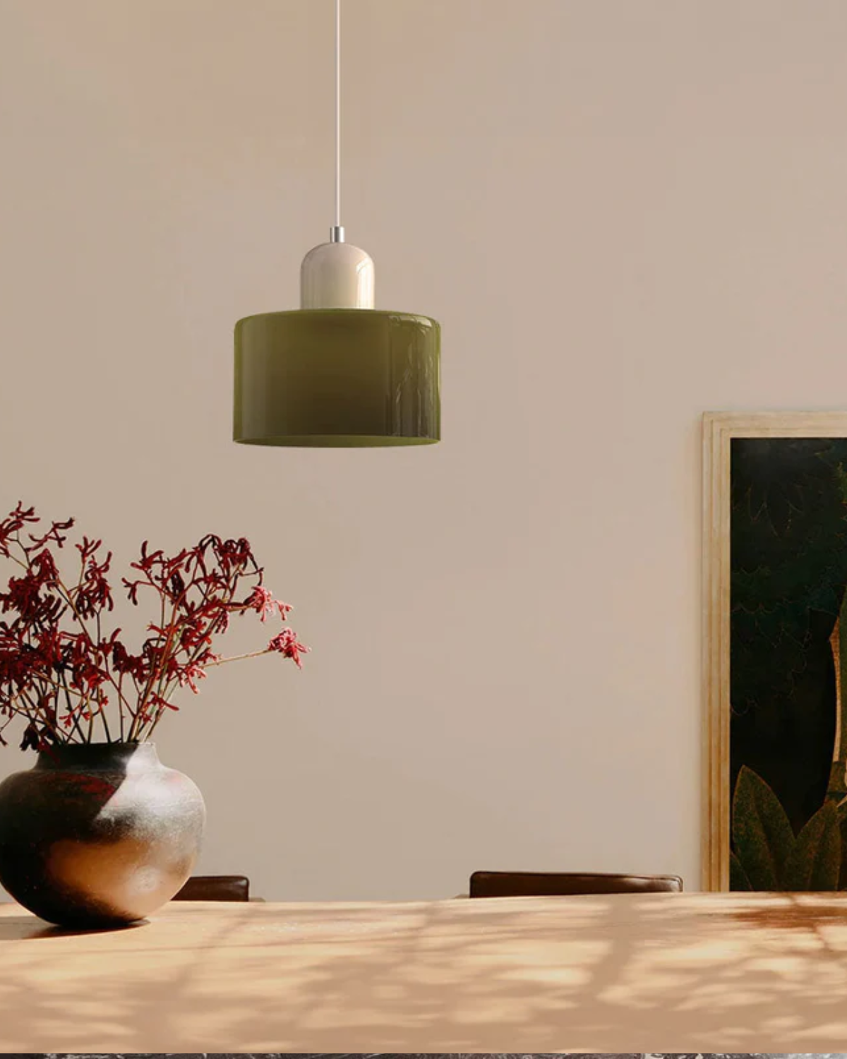 Pendant Lamp Retro with Drum Glass Shade and Glossy Cap