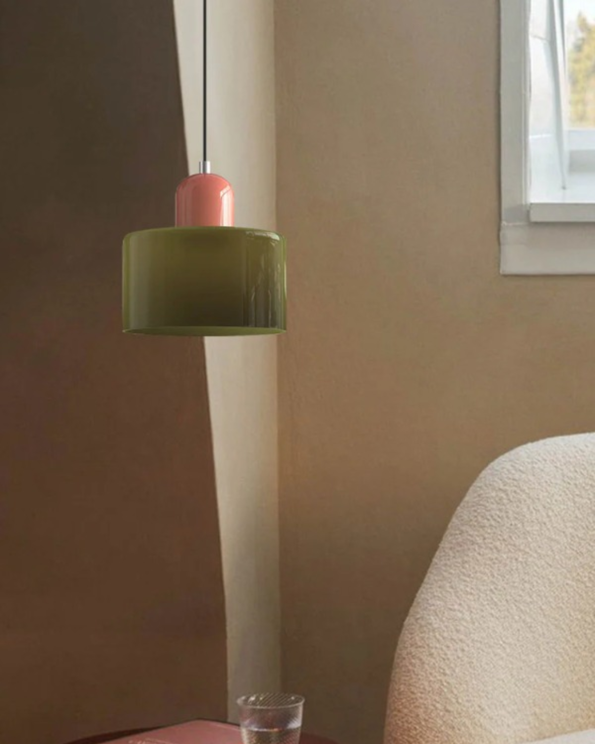 Pendant Lamp Retro with Drum Glass Shade and Glossy Cap