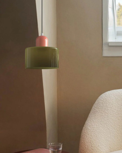 Pendant Lamp Retro with Drum Glass Shade and Glossy Cap