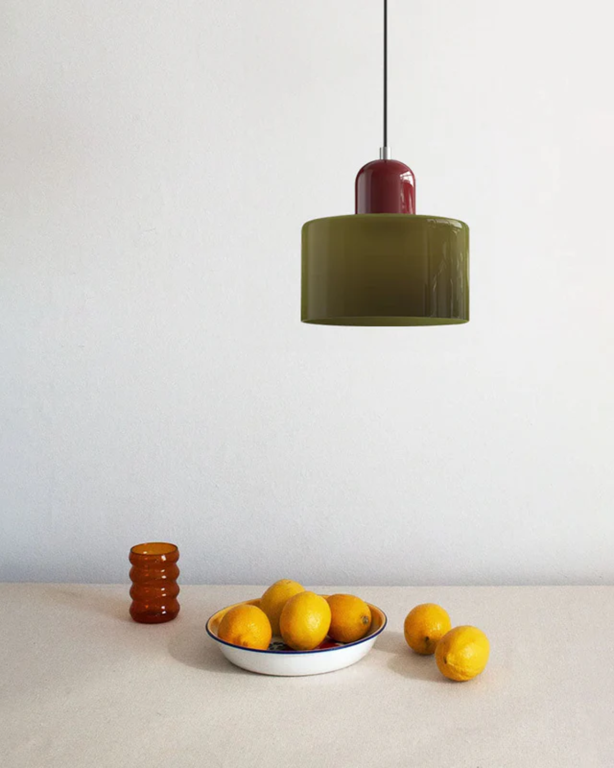 Pendant Lamp Retro with Drum Glass Shade and Glossy Cap
