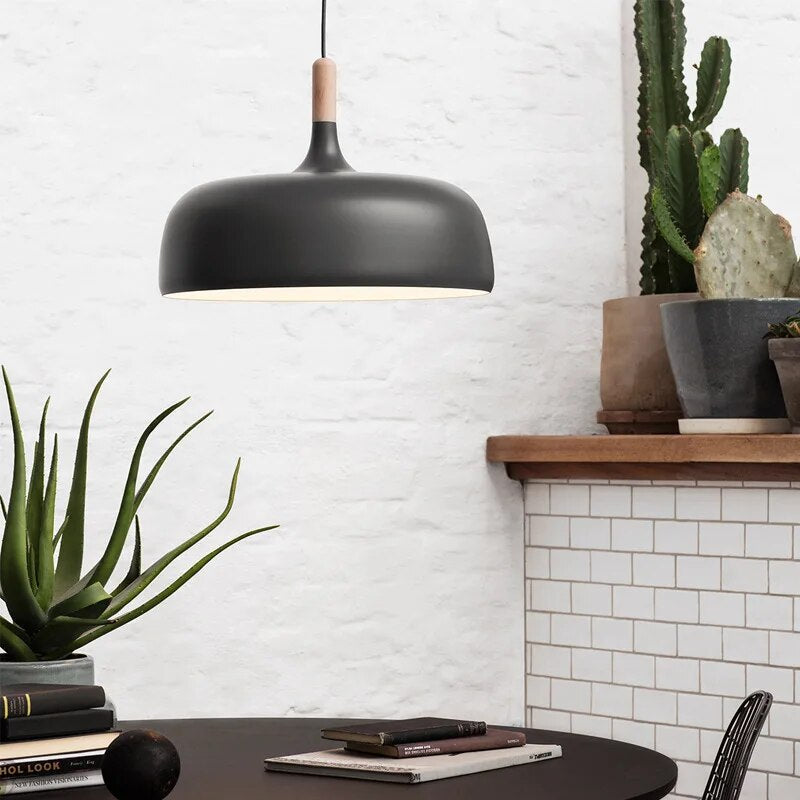 Pendant Lamp Scandinavian Style with Dome Shade and Wood Detail