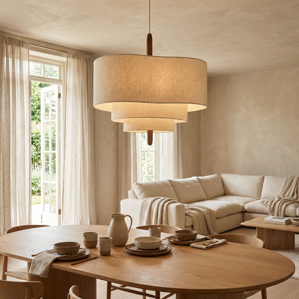 Pendant Lamp Scandinavian Three-Tier Drum Shade with Wood Detail