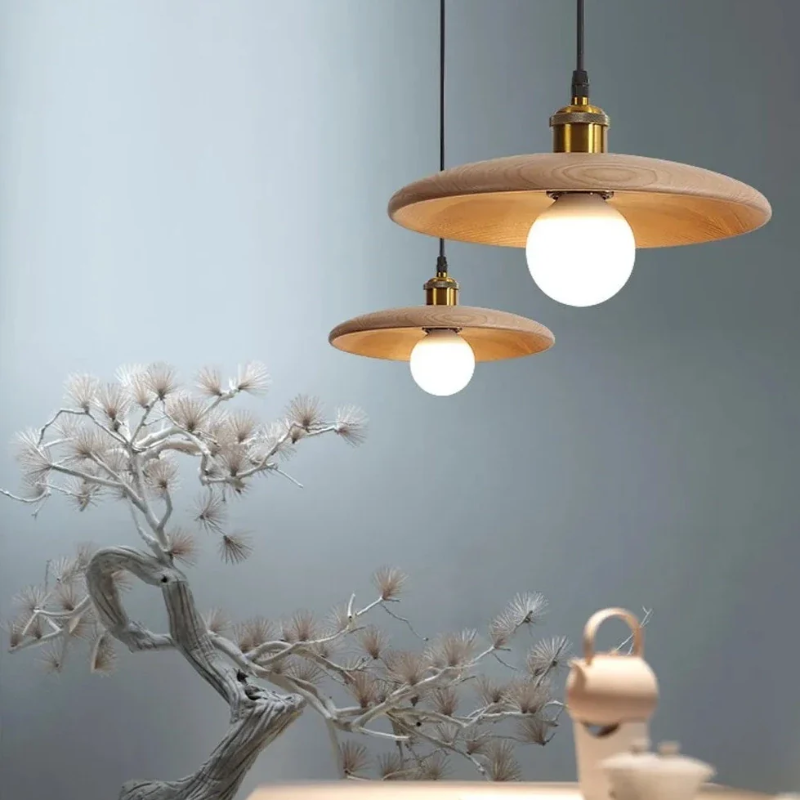 Pendant Lamp Scandinavian with Flat Wood Disc Shade and Adjustable Height