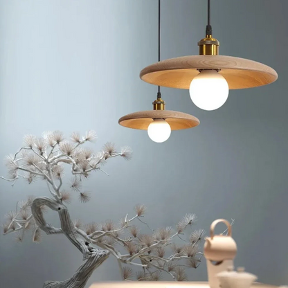 Pendant Lamp Scandinavian with Flat Wood Disc Shade and Adjustable Height