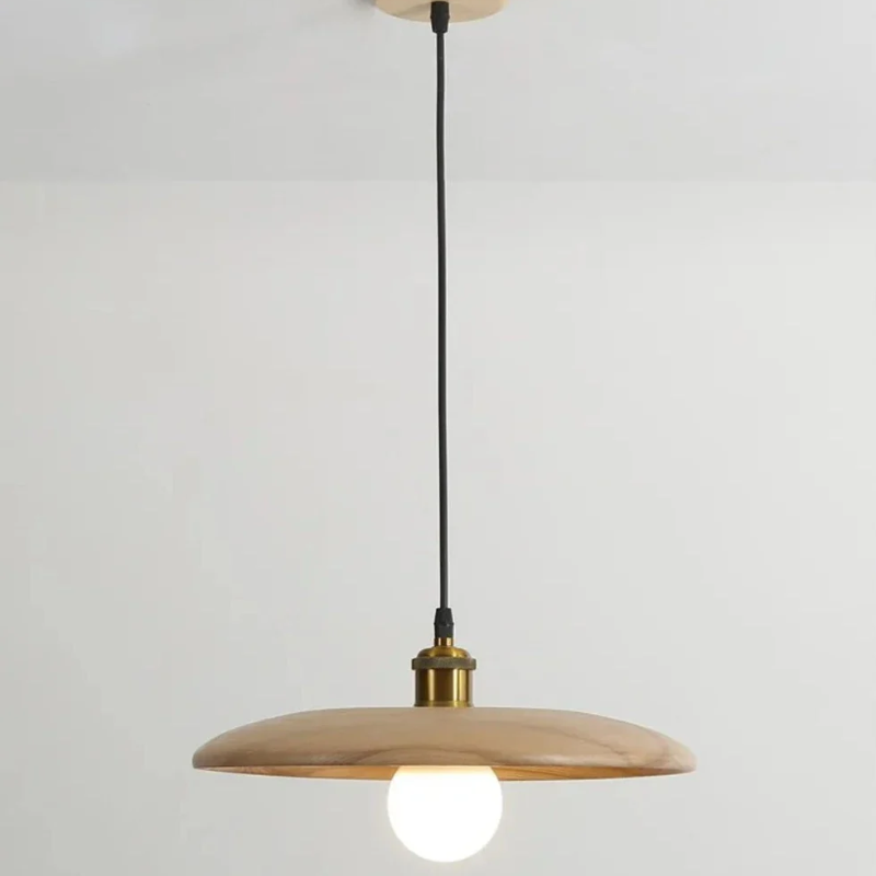 Pendant Lamp Scandinavian with Flat Wood Disc Shade and Adjustable Height