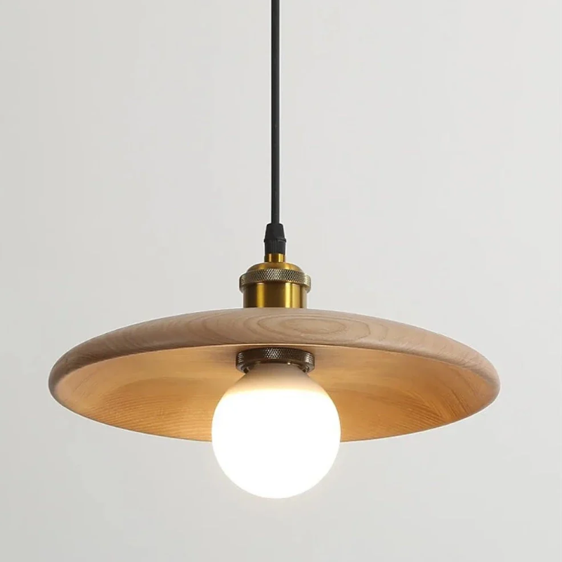 Pendant Lamp Scandinavian with Flat Wood Disc Shade and Adjustable Height