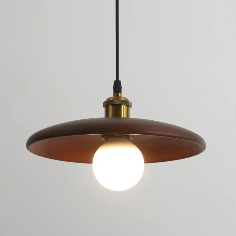 Pendant Lamp Scandinavian with Flat Wood Disc Shade and Adjustable Height