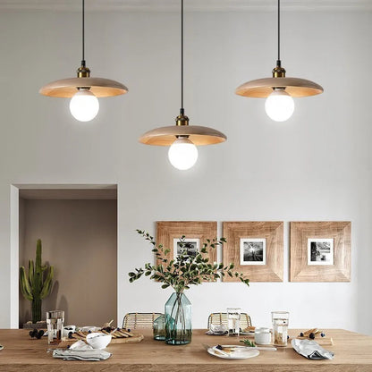 Pendant Lamp Scandinavian with Flat Wood Disc Shade and Adjustable Height