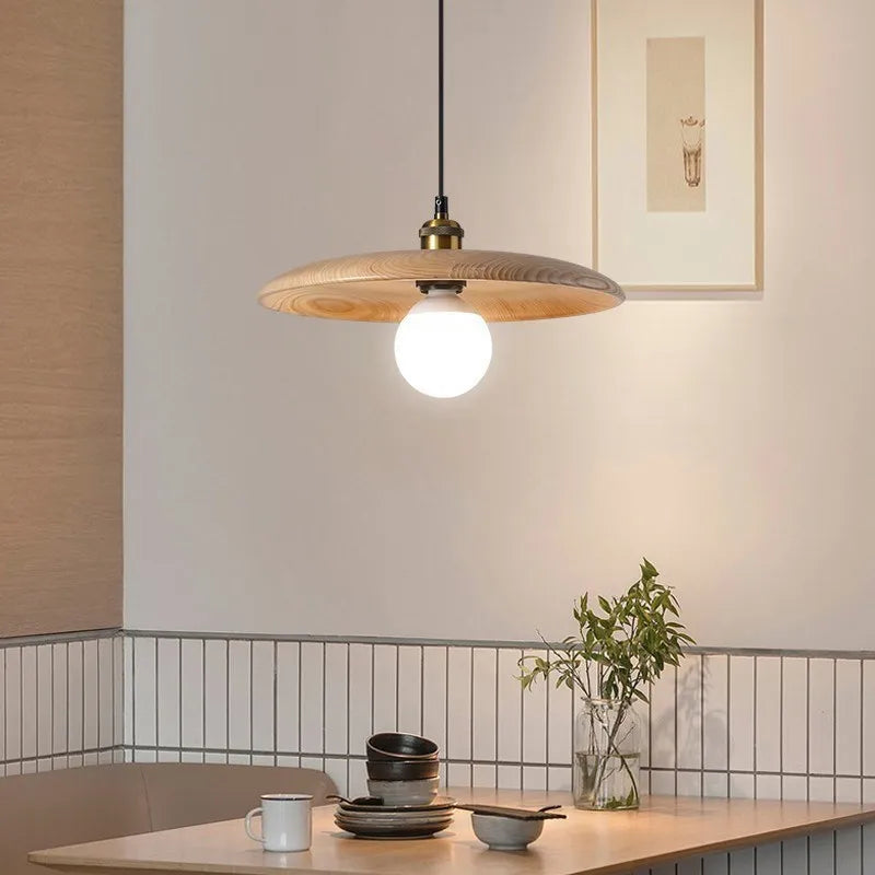 Pendant Lamp Scandinavian with Flat Wood Disc Shade and Adjustable Height