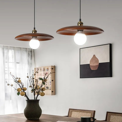 Pendant Lamp Scandinavian with Flat Wood Disc Shade and Adjustable Height