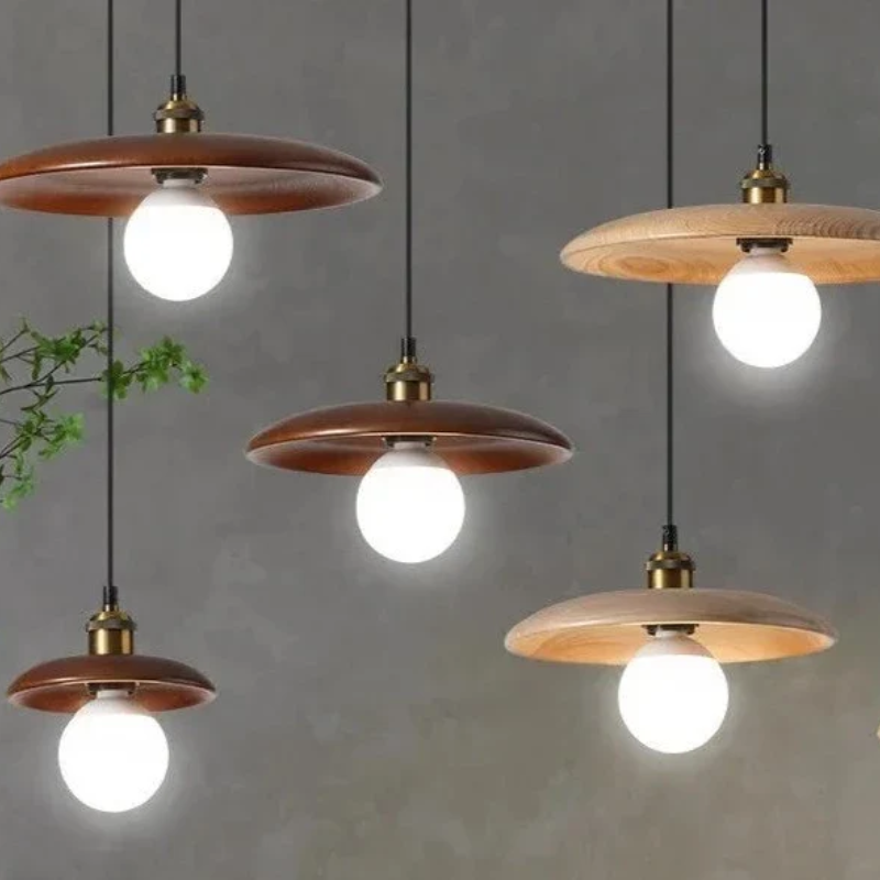 Pendant Lamp Scandinavian with Flat Wood Disc Shade and Adjustable Height