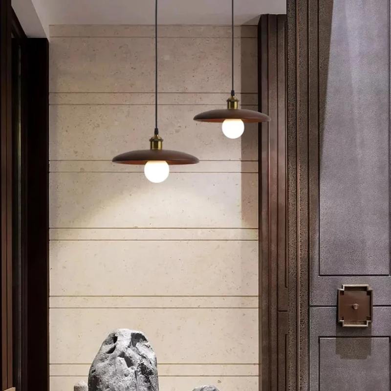 Pendant Lamp Scandinavian with Flat Wood Disc Shade and Adjustable Height