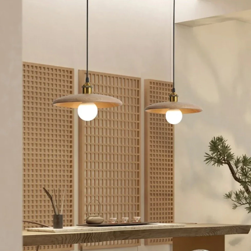 Pendant Lamp Scandinavian with Flat Wood Disc Shade and Adjustable Height