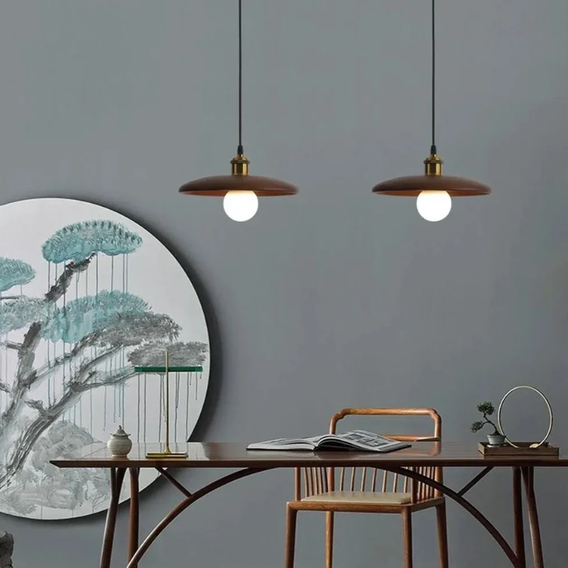 Pendant Lamp Scandinavian with Flat Wood Disc Shade and Adjustable Height