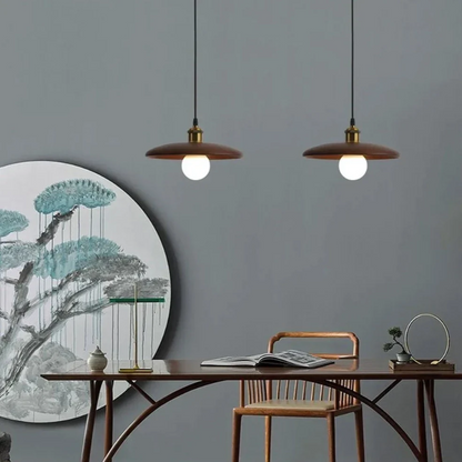 Pendant Lamp Scandinavian with Flat Wood Disc Shade and Adjustable Height