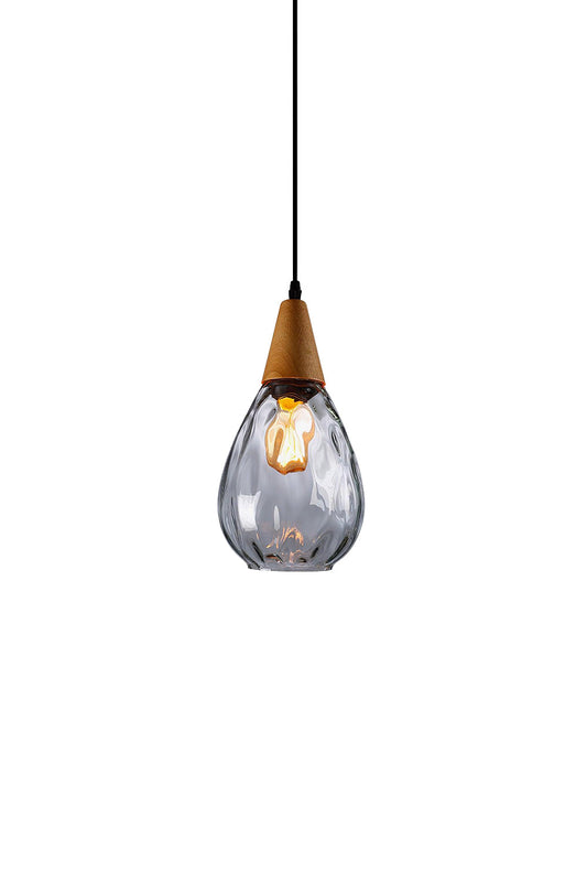 Pendant Lamp Scandinavian with Rippled Glass Shade and Wood Top