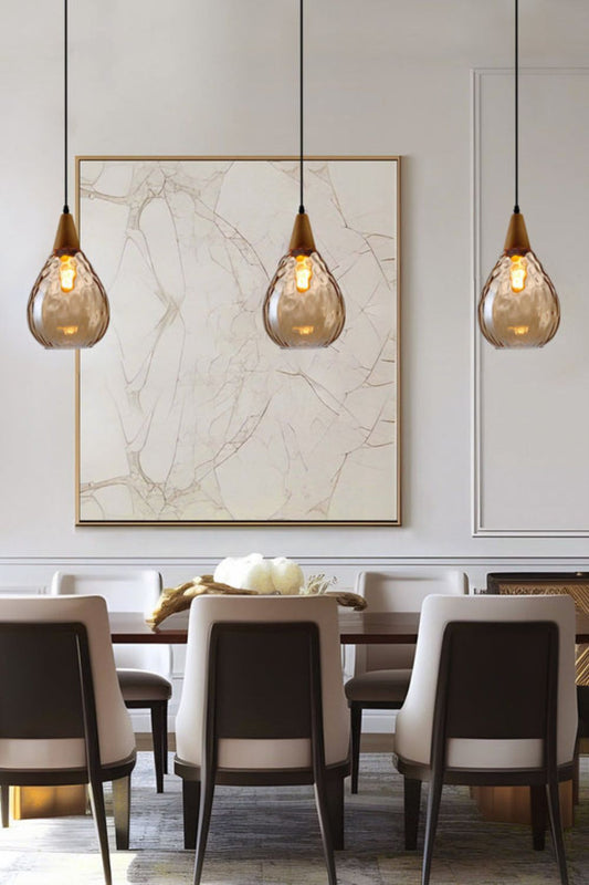 Pendant Lamp Scandinavian with Rippled Glass Shade and Wood Top