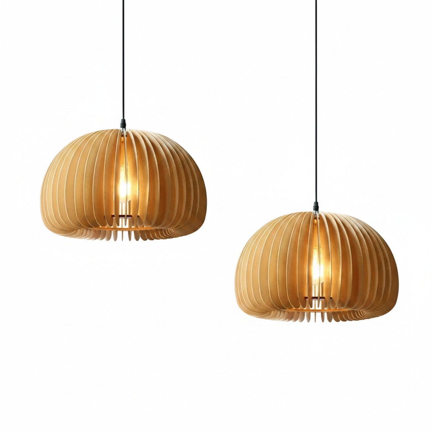 Pendant Lamp Scandinavian Wood Slat Dome Shade with Warm Glow