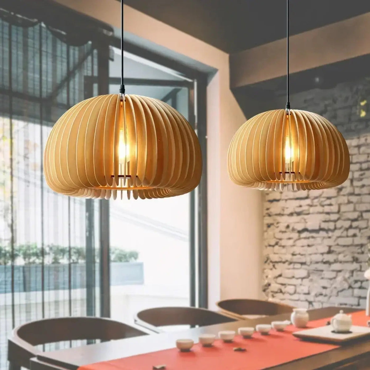 Pendant Lamp Scandinavian Wood Slat Dome Shade with Warm Glow