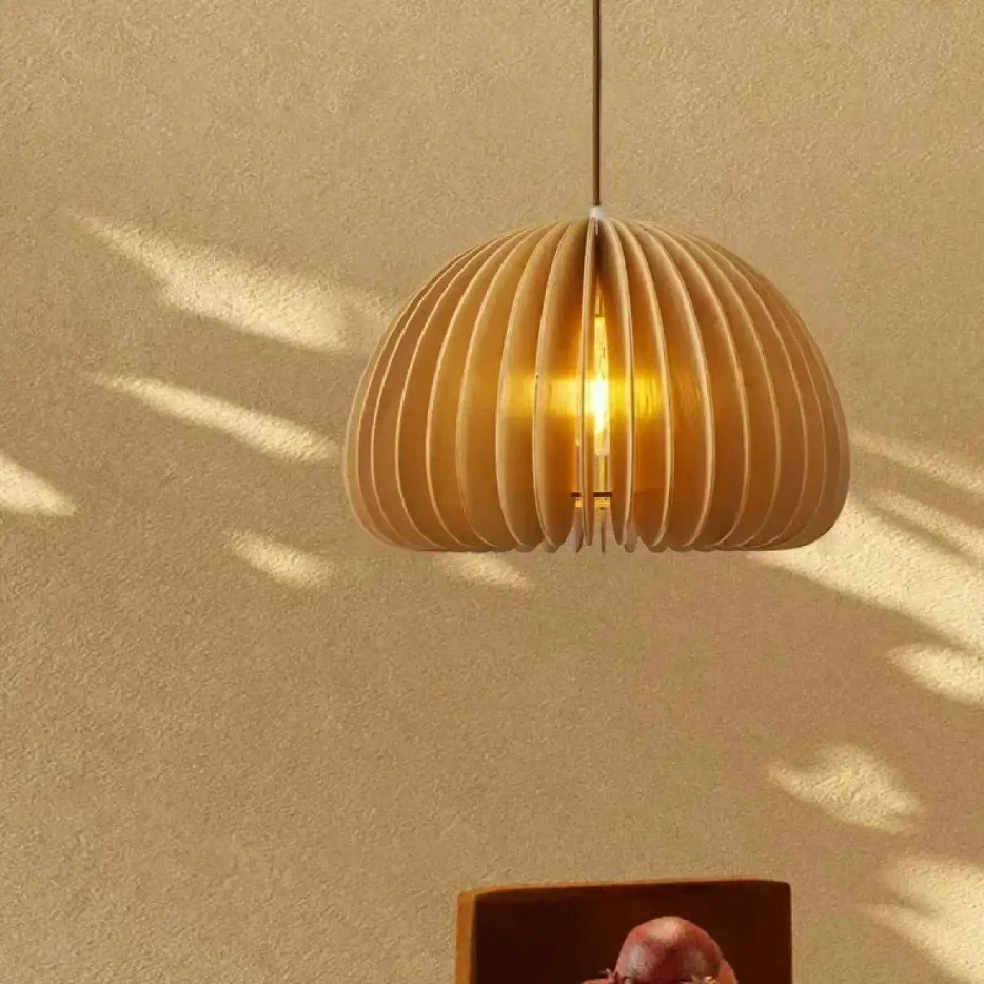 Pendant Lamp Scandinavian Wood Slat Dome Shade with Warm Glow