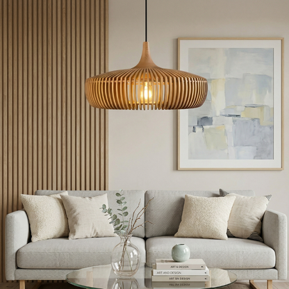 Pendant Lamp Scandinavian Wood Slat Shade with E27 Fitting